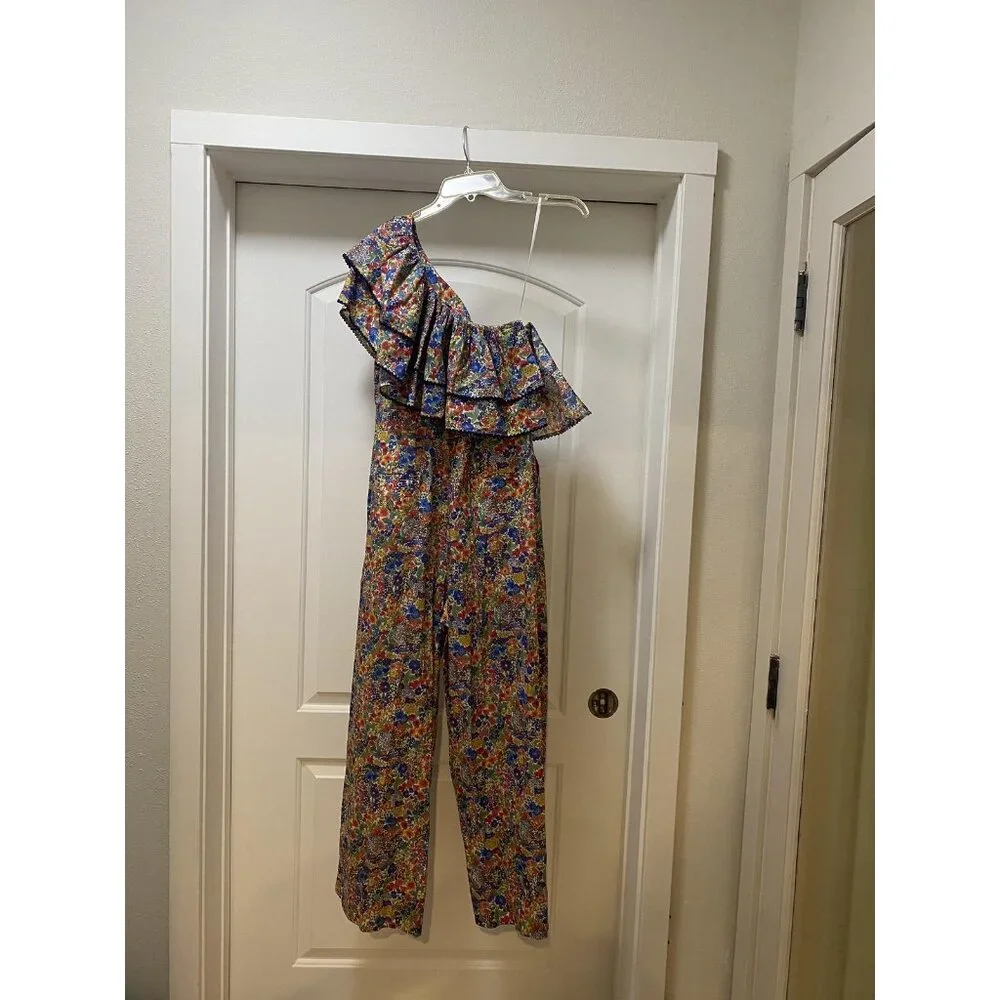 J.Crew Liberty Jumpsuit Womens 8 Multicolor One Shoulder Ruffle Floral Wide Leg